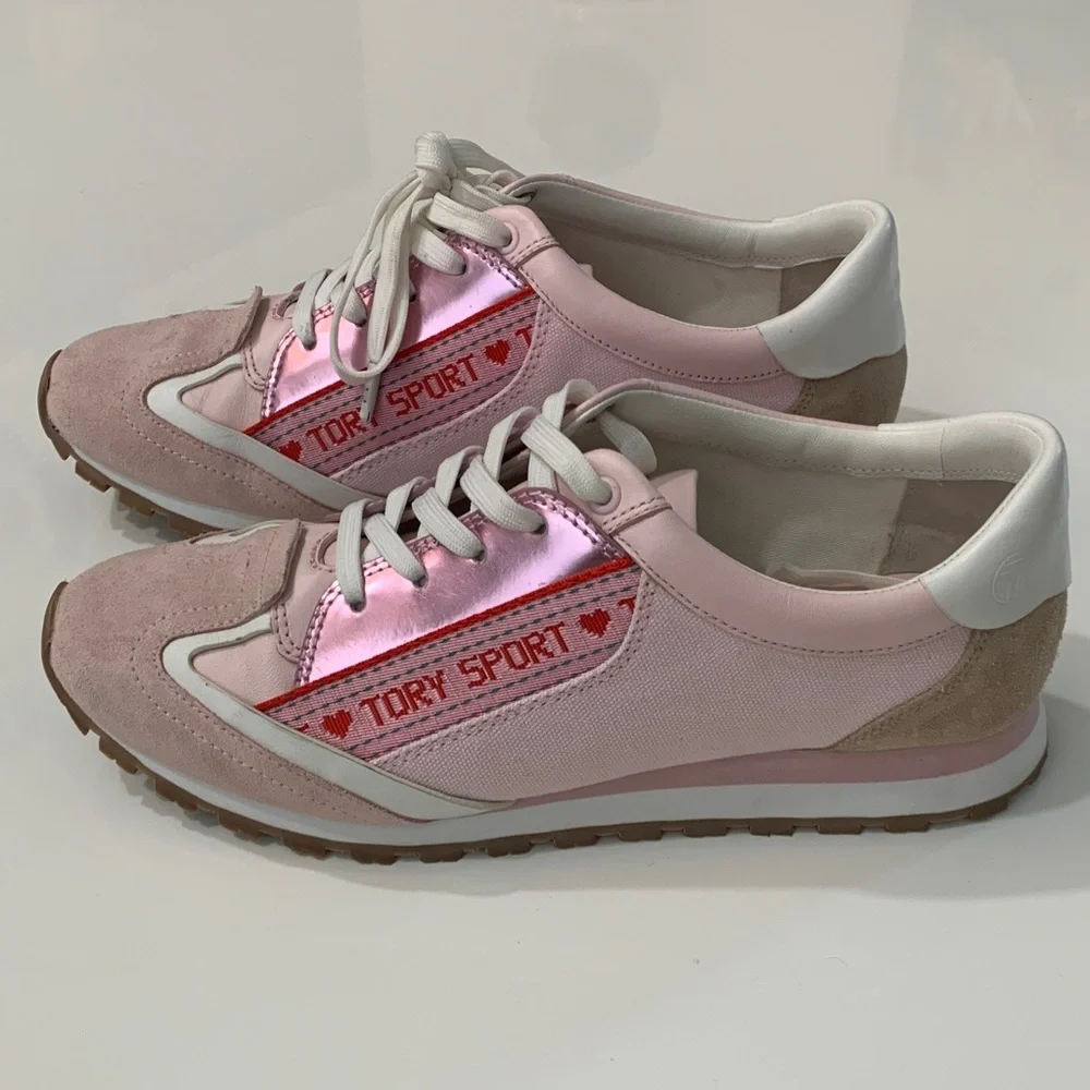 Tory Sport Banner Trainer Sneakers Pink White Leather Canvas 9.5 NIB